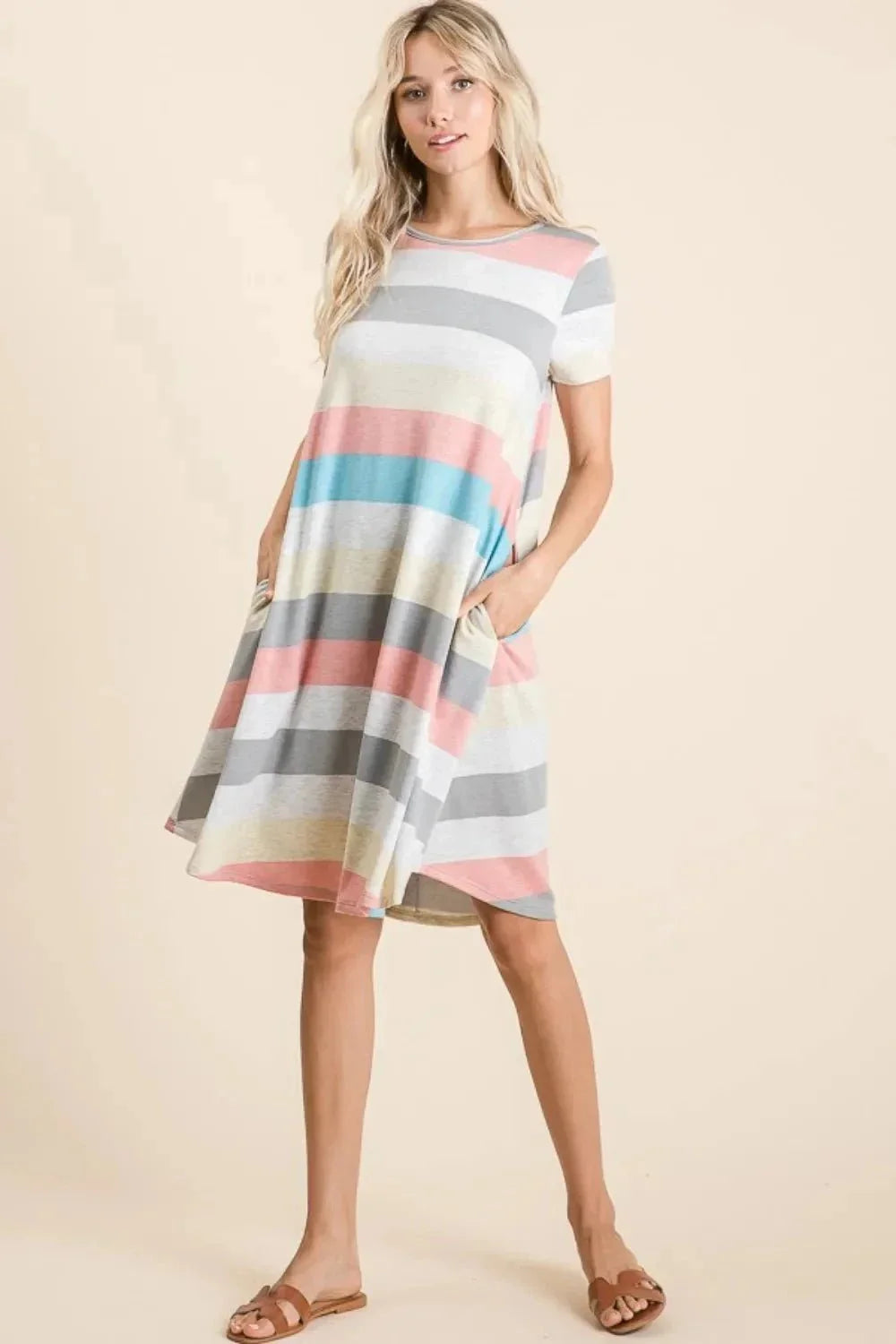 BOMBOM Striped Short Sleeve Dress with Pockets - VILLA FASHION