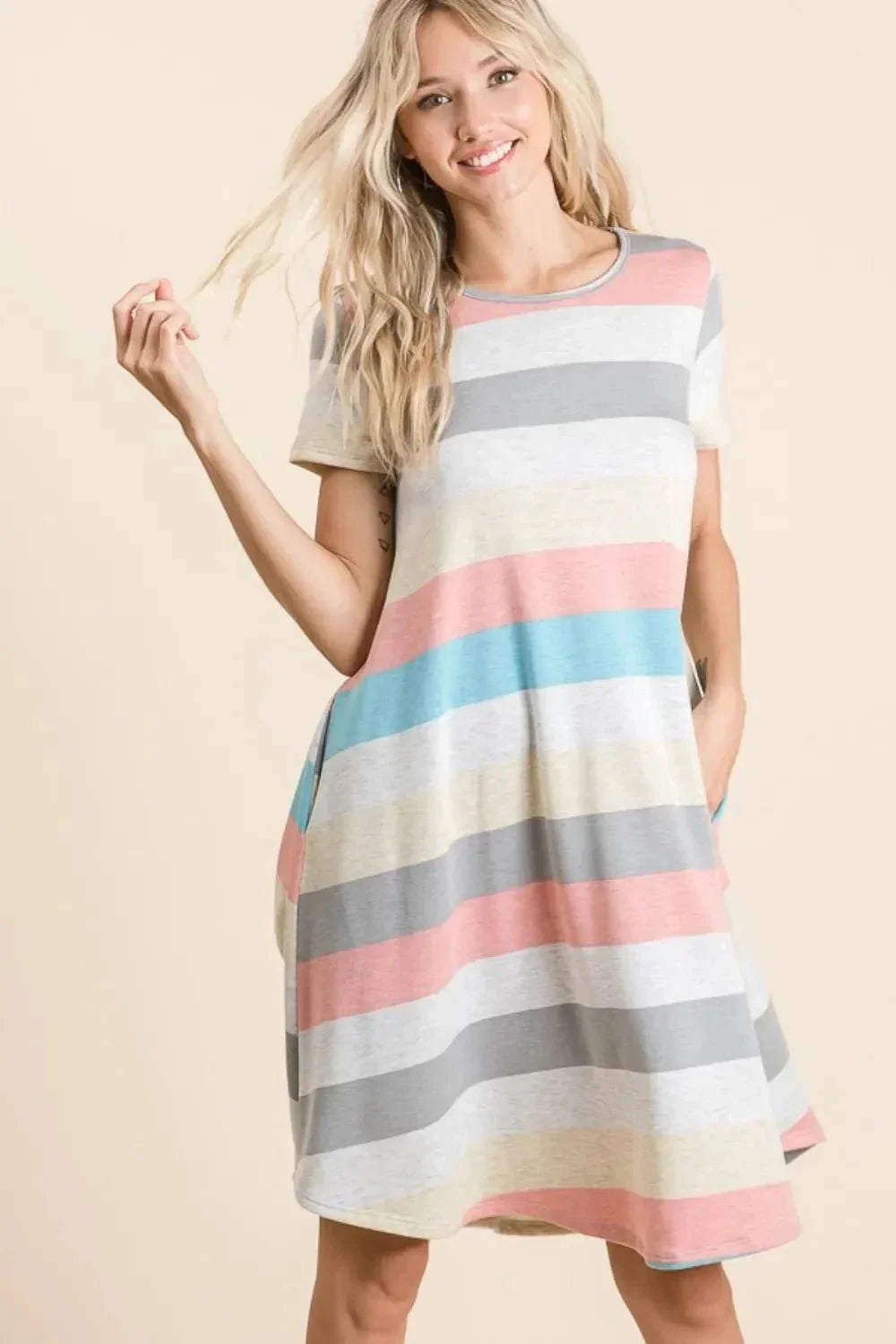 BOMBOM Striped Short Sleeve Dress with Pockets - VILLA FASHION