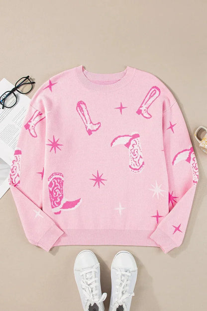 Boots Round Neck Long Sleeve Top - VILLA FASHION