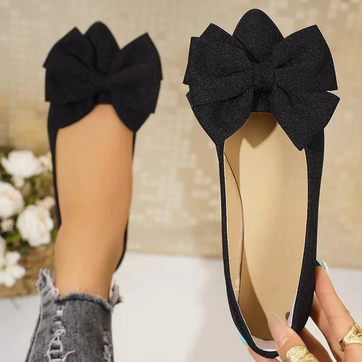Bow Point Toe Flats Slip - Ons - VILLA FASHION