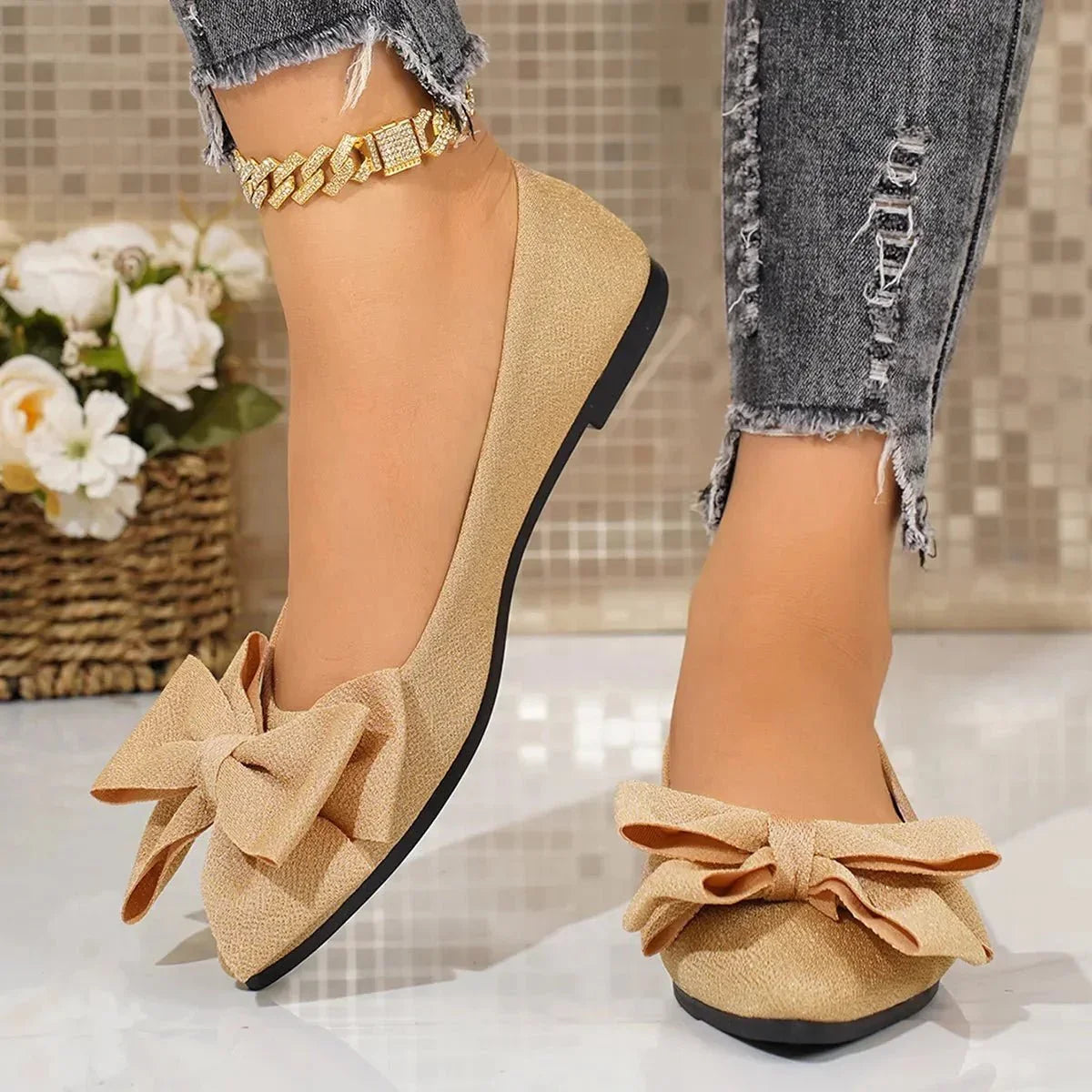 Bow Point Toe Flats Slip - Ons - VILLA FASHION