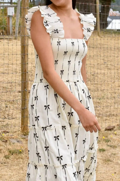 Bow Print Smocked Square Neck Ruffle Tiered Maxi Dress - VILLA FASHION