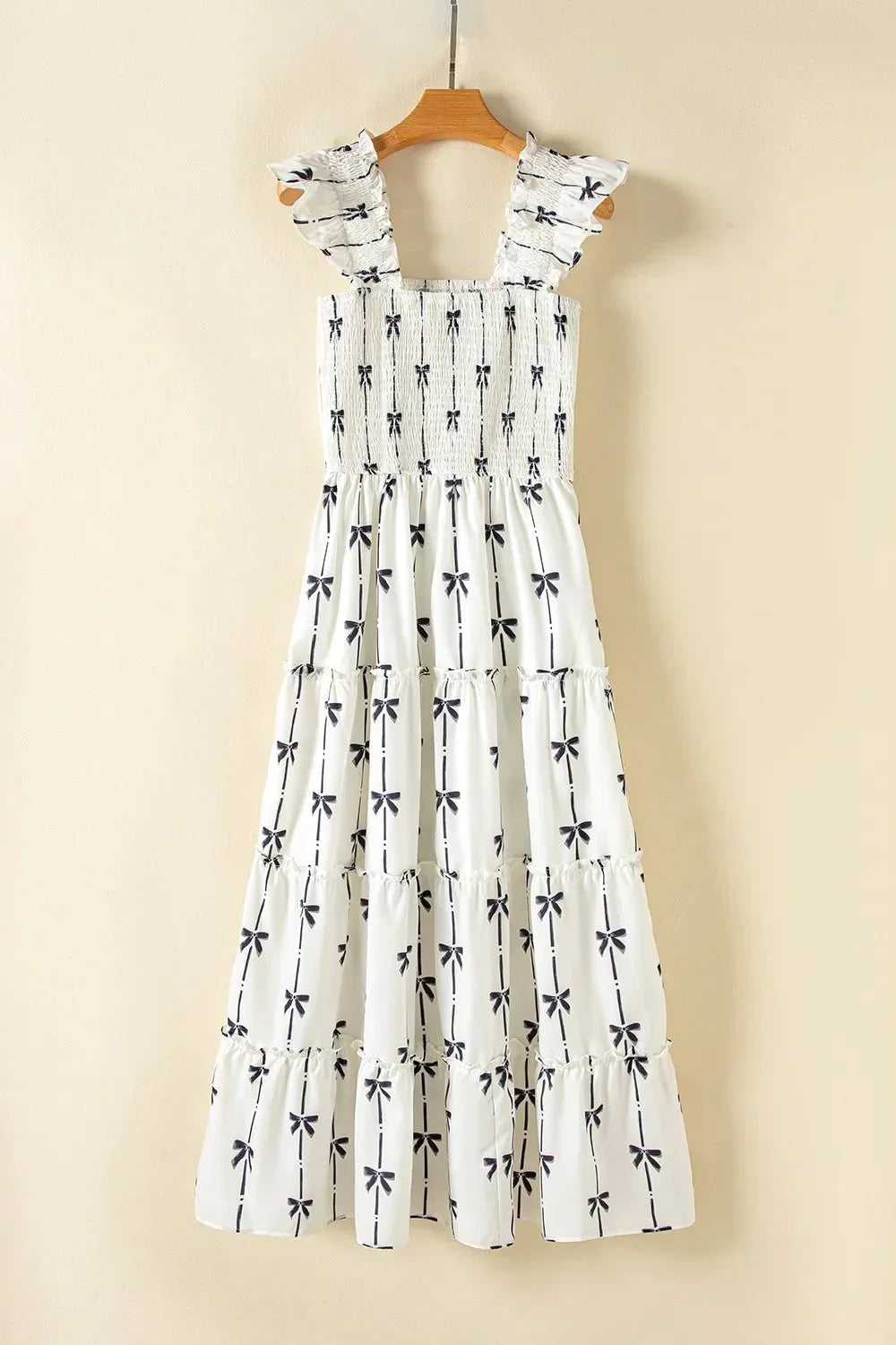 Bow Print Smocked Square Neck Ruffle Tiered Maxi Dress - VILLA FASHION