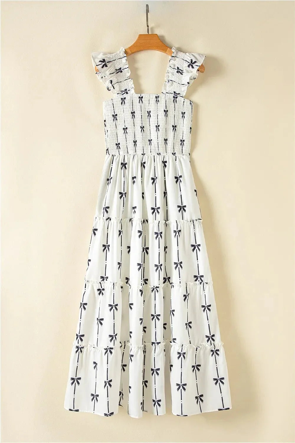 Bow Print Smocked Square Neck Ruffle Tiered Maxi Dress - VILLA FASHION