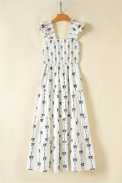 Bow Print Smocked Square Neck Ruffle Tiered Maxi Dress - VILLA FASHION