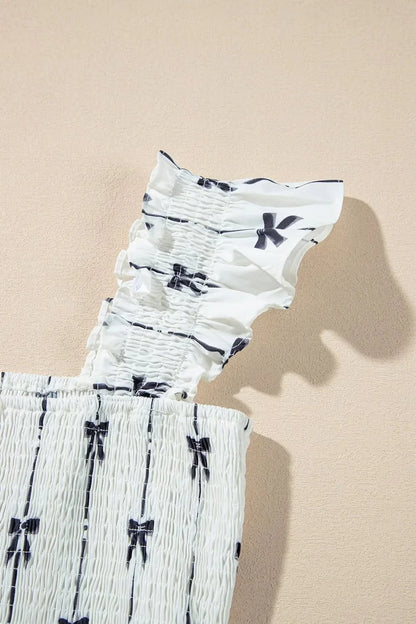 Bow Print Smocked Square Neck Ruffle Tiered Maxi Dress - VILLA FASHION