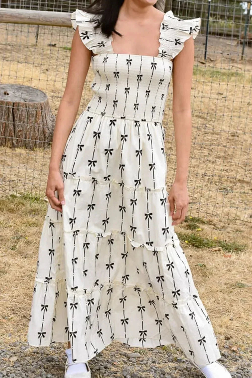 Bow Print Smocked Square Neck Ruffle Tiered Maxi Dress - VILLA FASHION