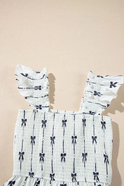 Bow Print Smocked Square Neck Ruffle Tiered Maxi Dress - VILLA FASHION