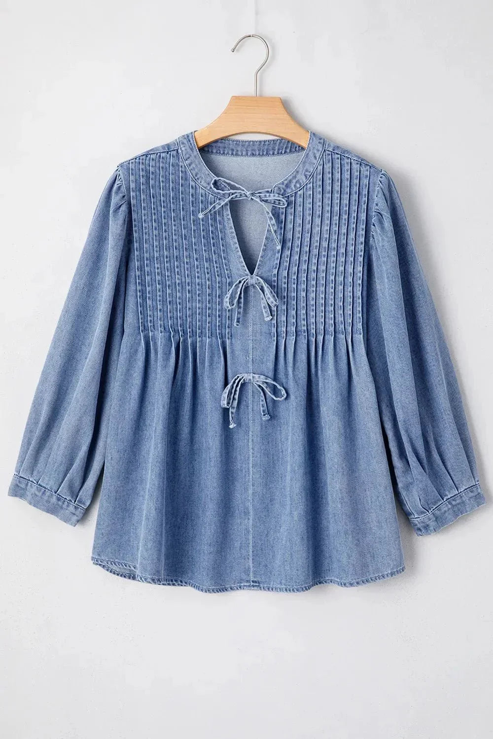 Bow Tie Long Sleeve Denim Top - VILLA FASHION
