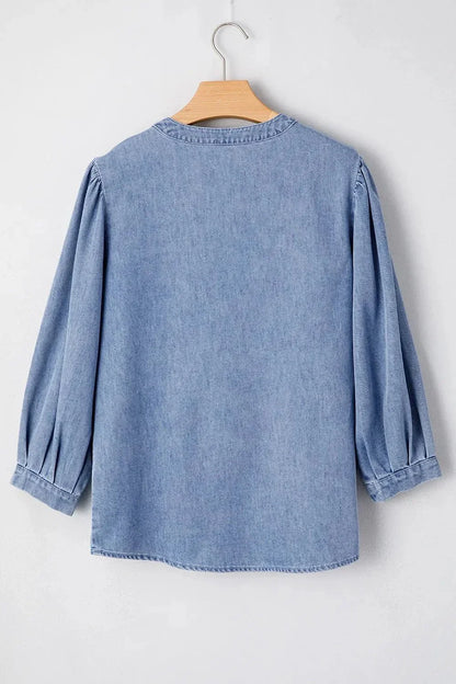 Bow Tie Long Sleeve Denim Top - VILLA FASHION