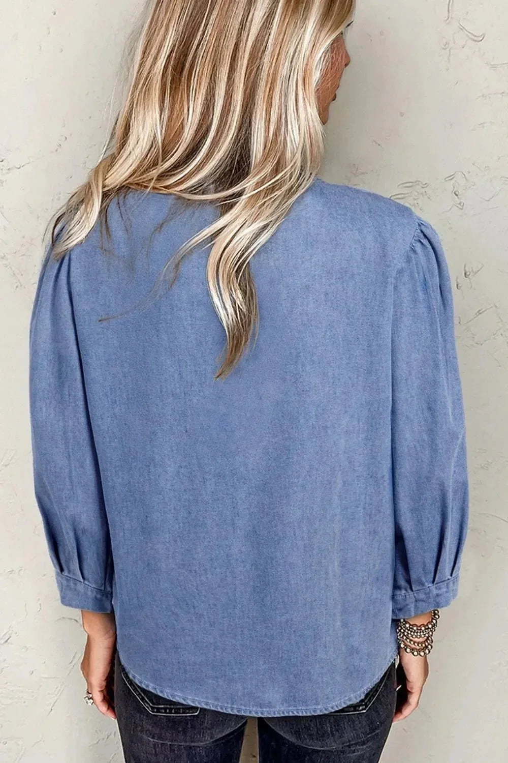Bow Tie Long Sleeve Denim Top - VILLA FASHION