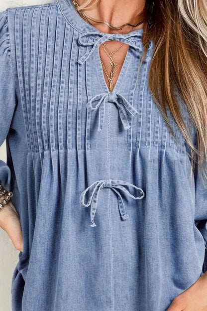 Bow Tie Long Sleeve Denim Top - VILLA FASHION