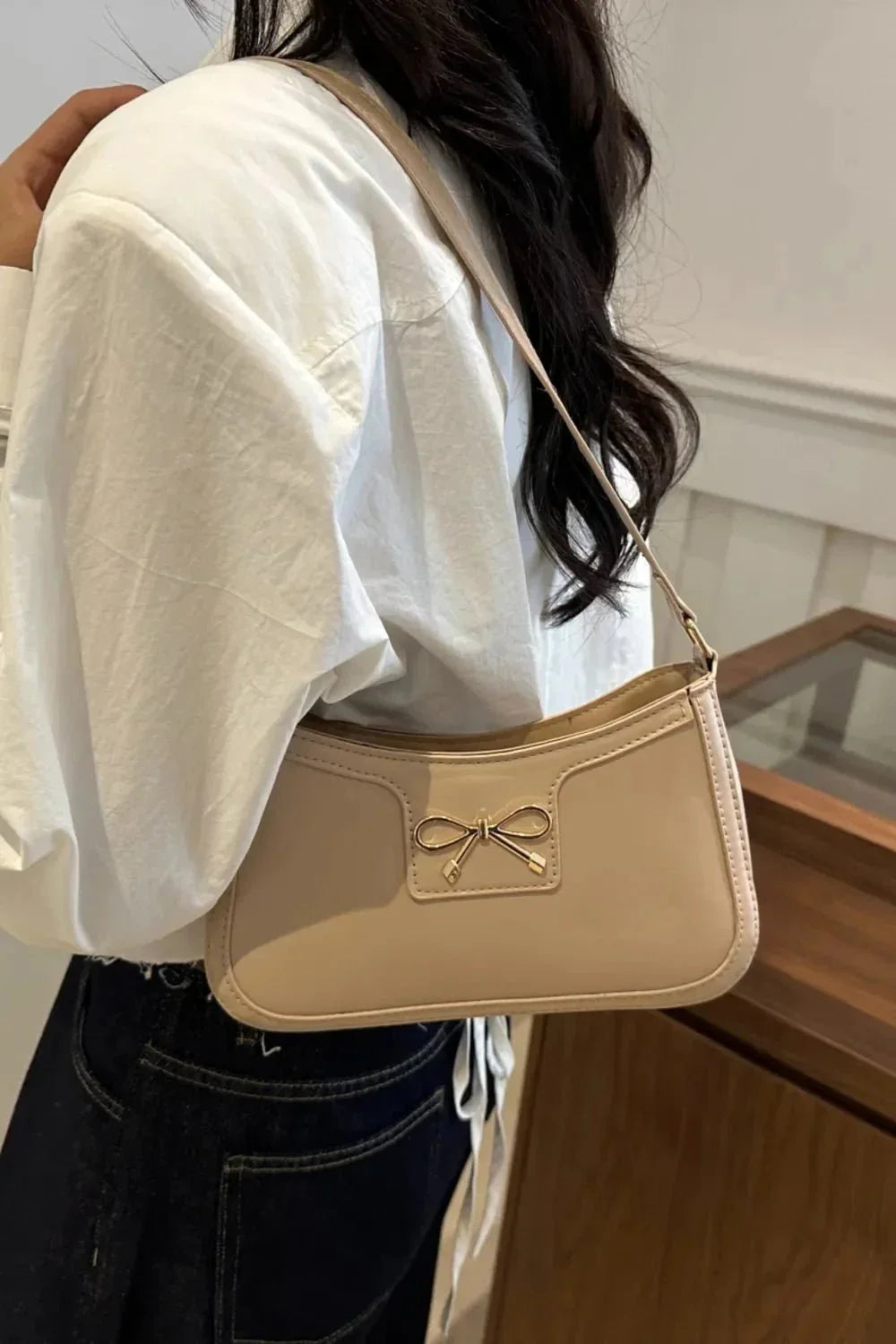 Bow Trim PU Leather Shoulder Bag - VILLA FASHION
