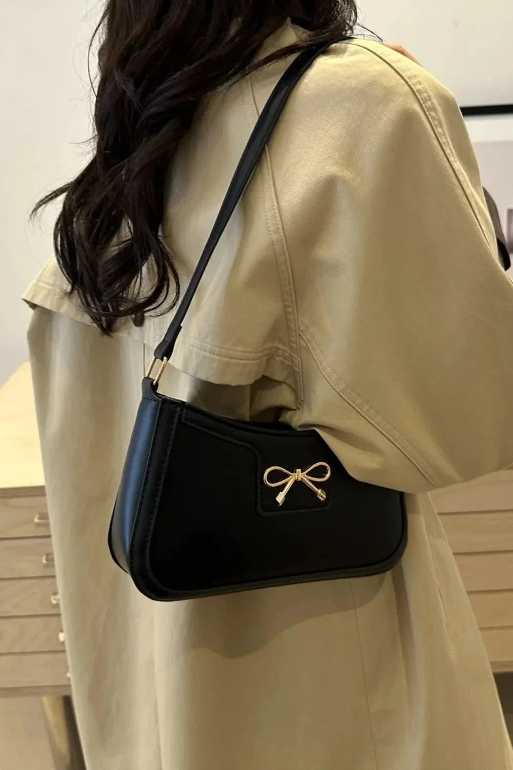 Bow Trim PU Leather Shoulder Bag - VILLA FASHION