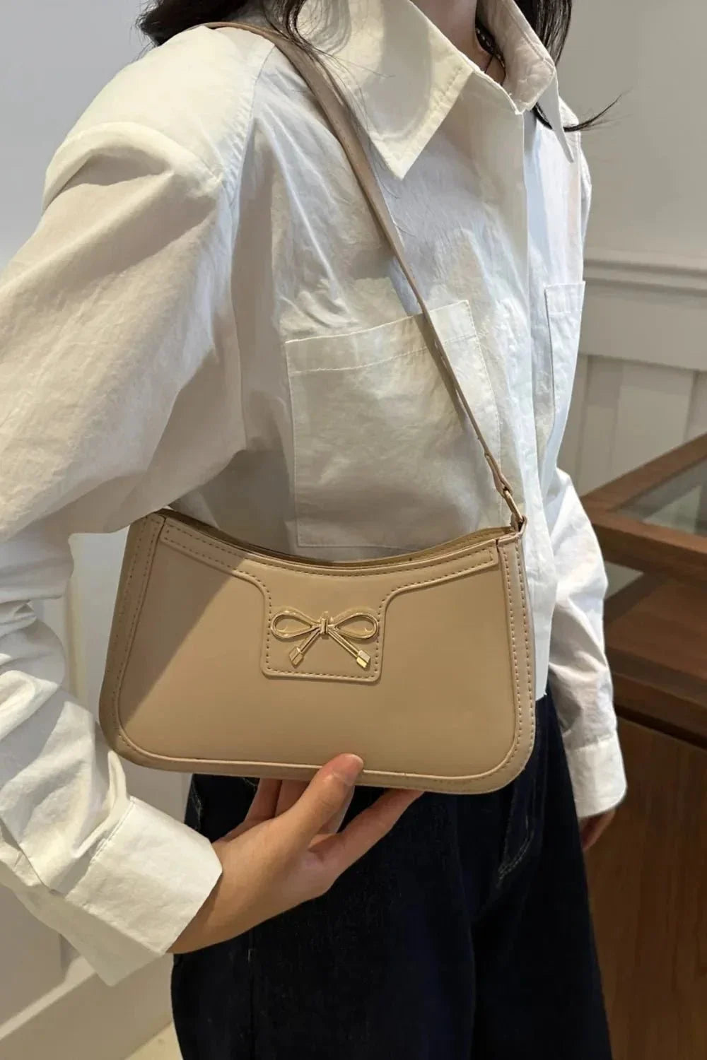 Bow Trim PU Leather Shoulder Bag - VILLA FASHION