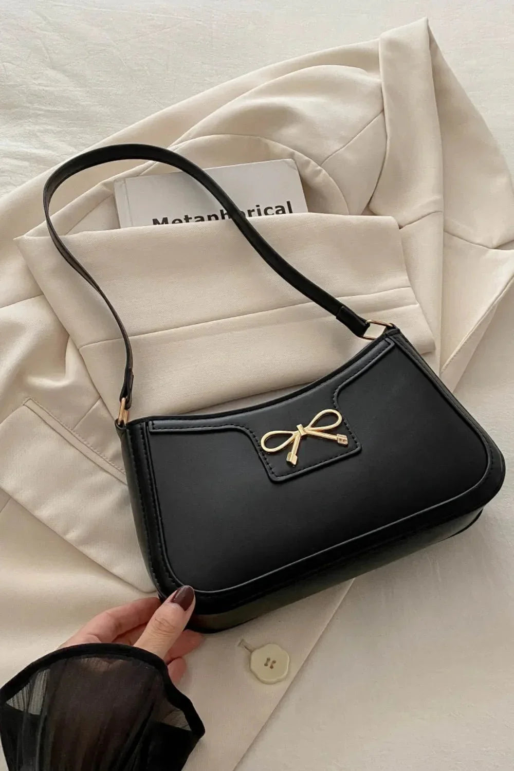 Bow Trim PU Leather Shoulder Bag - VILLA FASHION