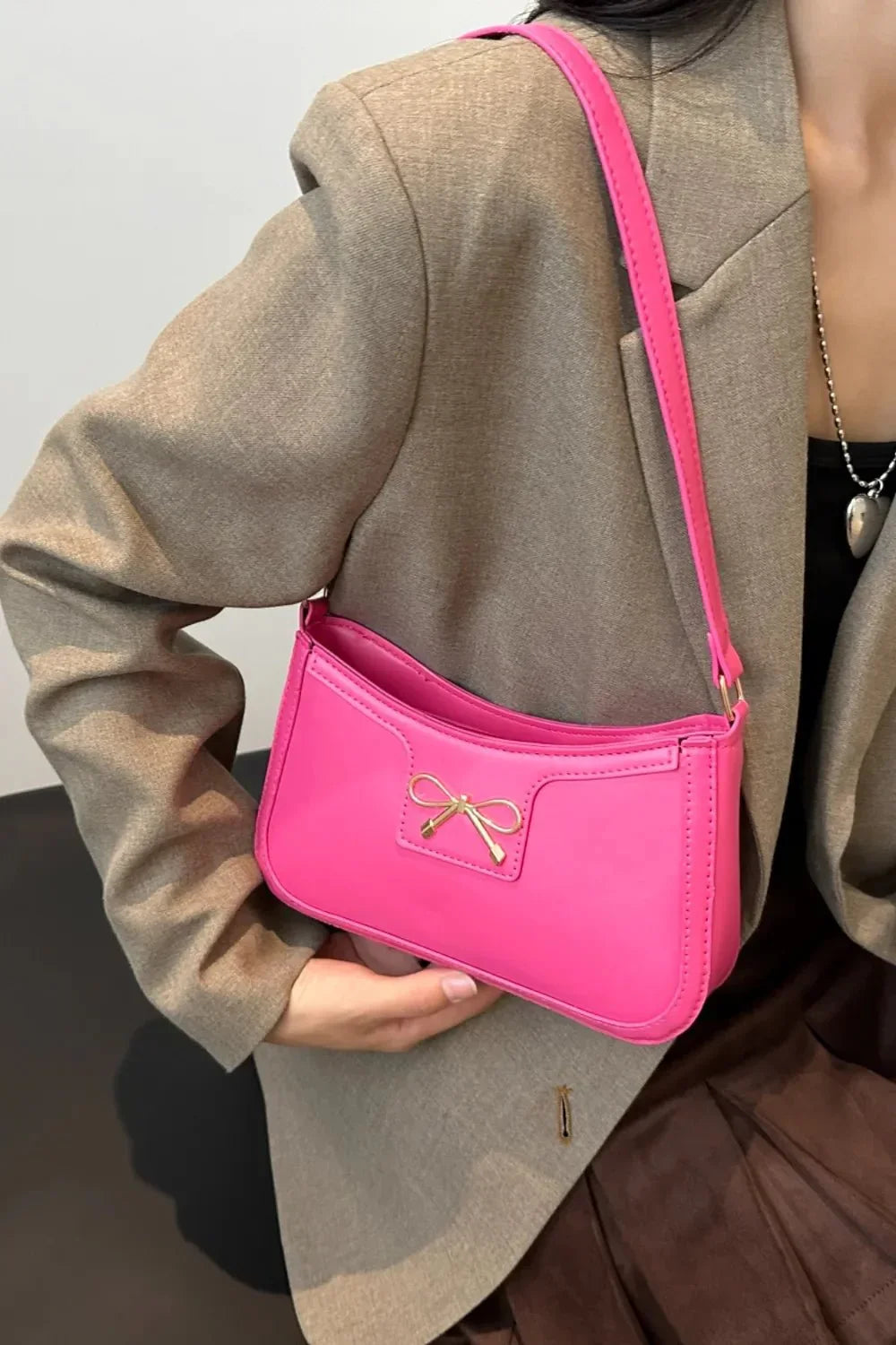 Bow Trim PU Leather Shoulder Bag - VILLA FASHION