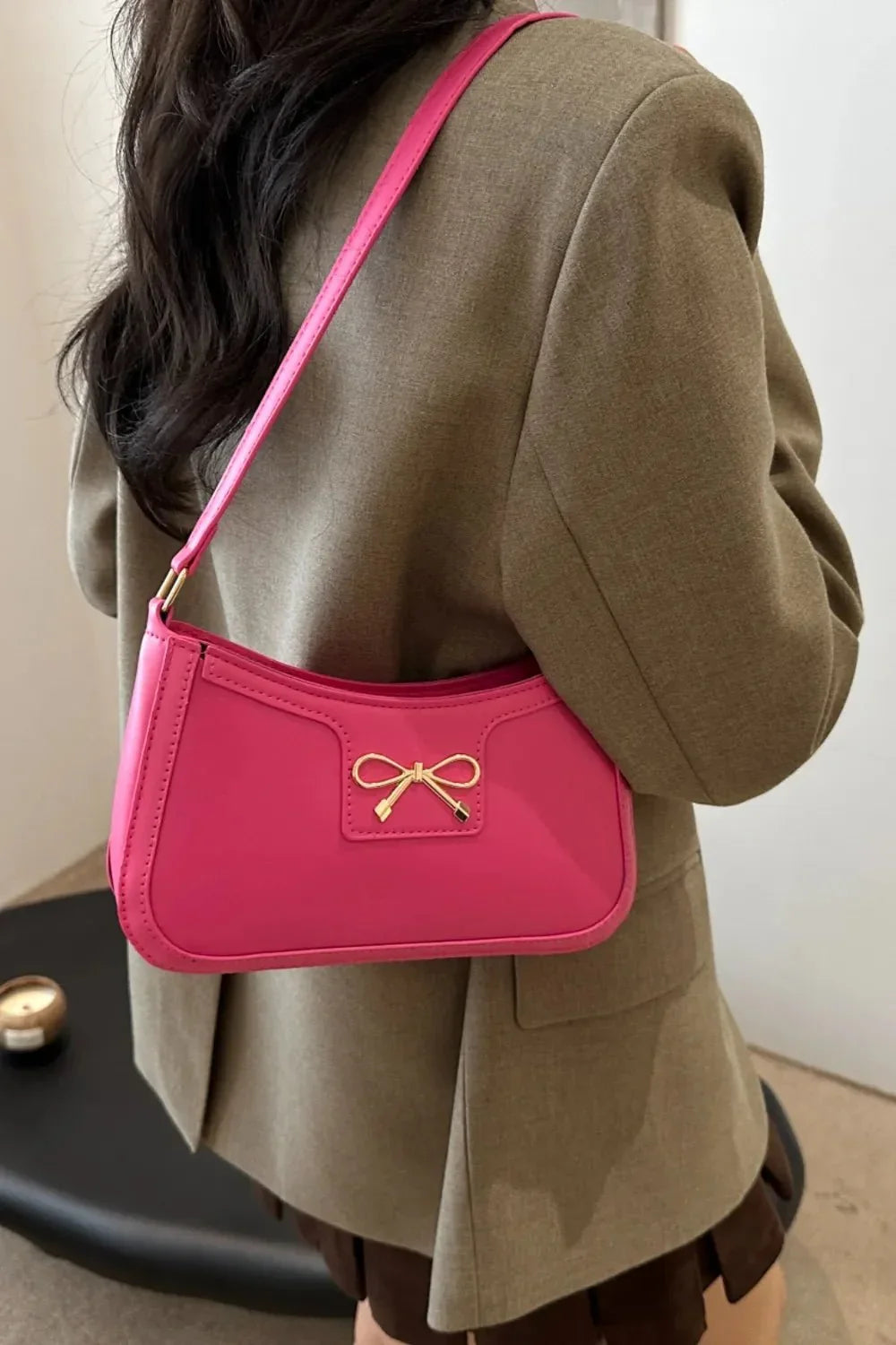Bow Trim PU Leather Shoulder Bag - VILLA FASHION