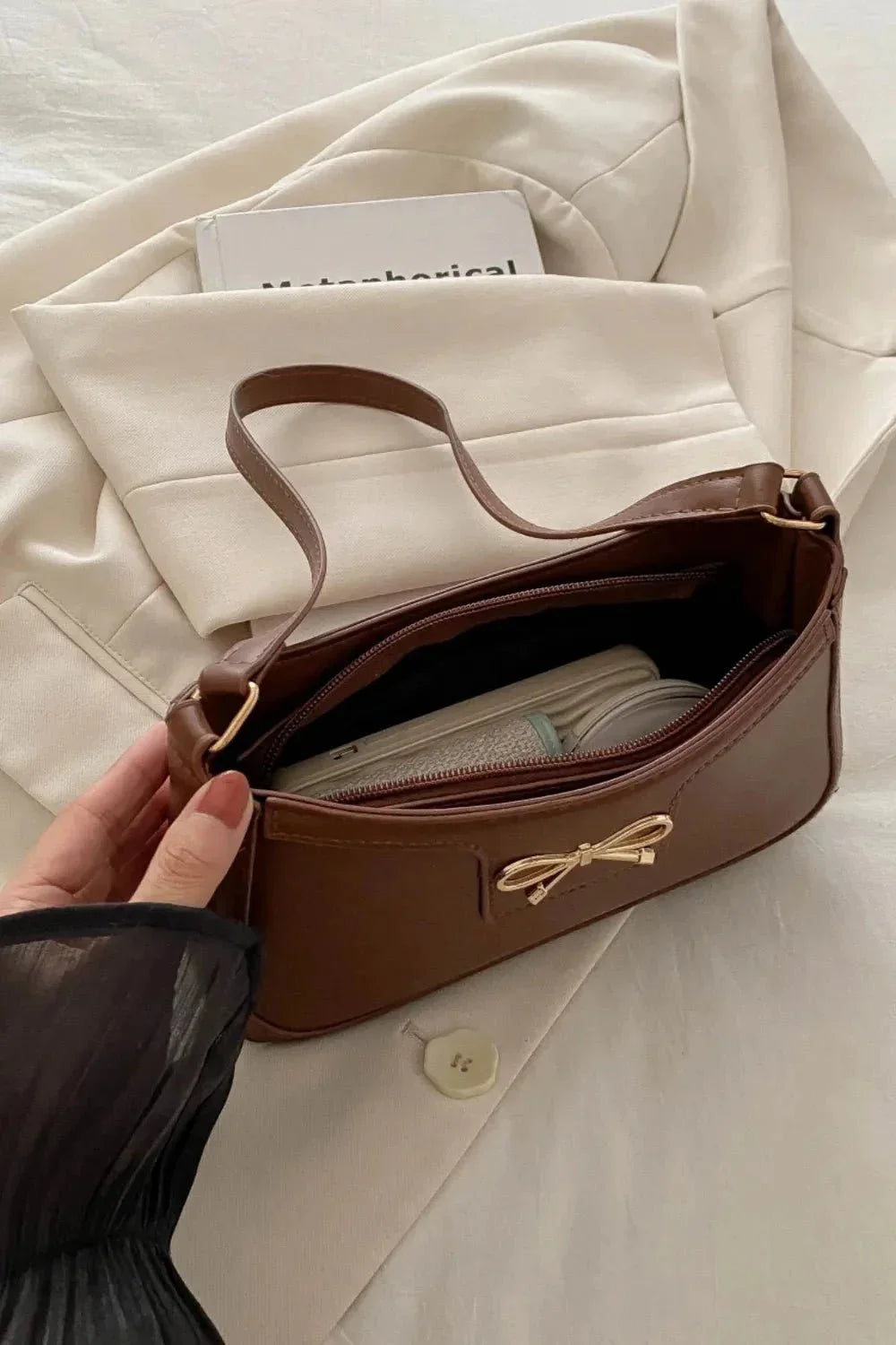 Bow Trim PU Leather Shoulder Bag - VILLA FASHION