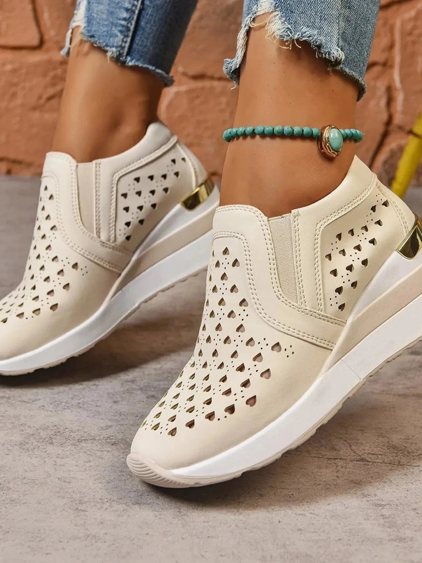 Breathable Cutout Wedge Sneakers - VILLA FASHION