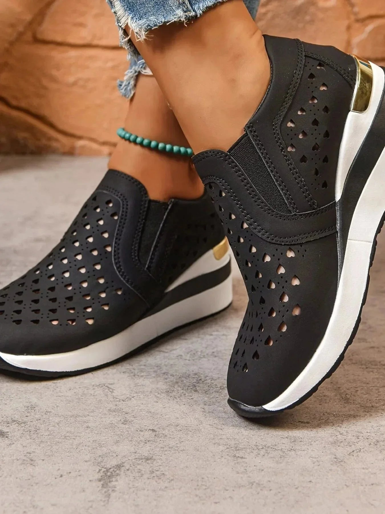 Breathable Cutout Wedge Sneakers - VILLA FASHION