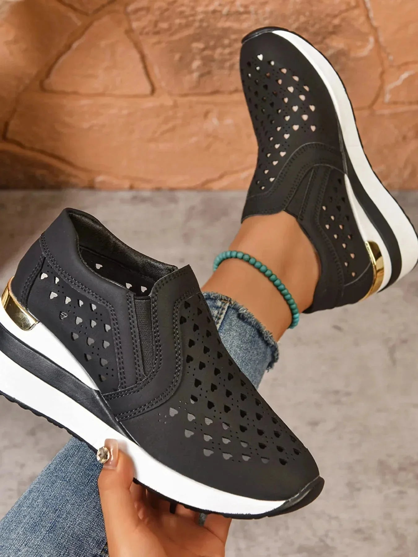 Breathable Cutout Wedge Sneakers - VILLA FASHION