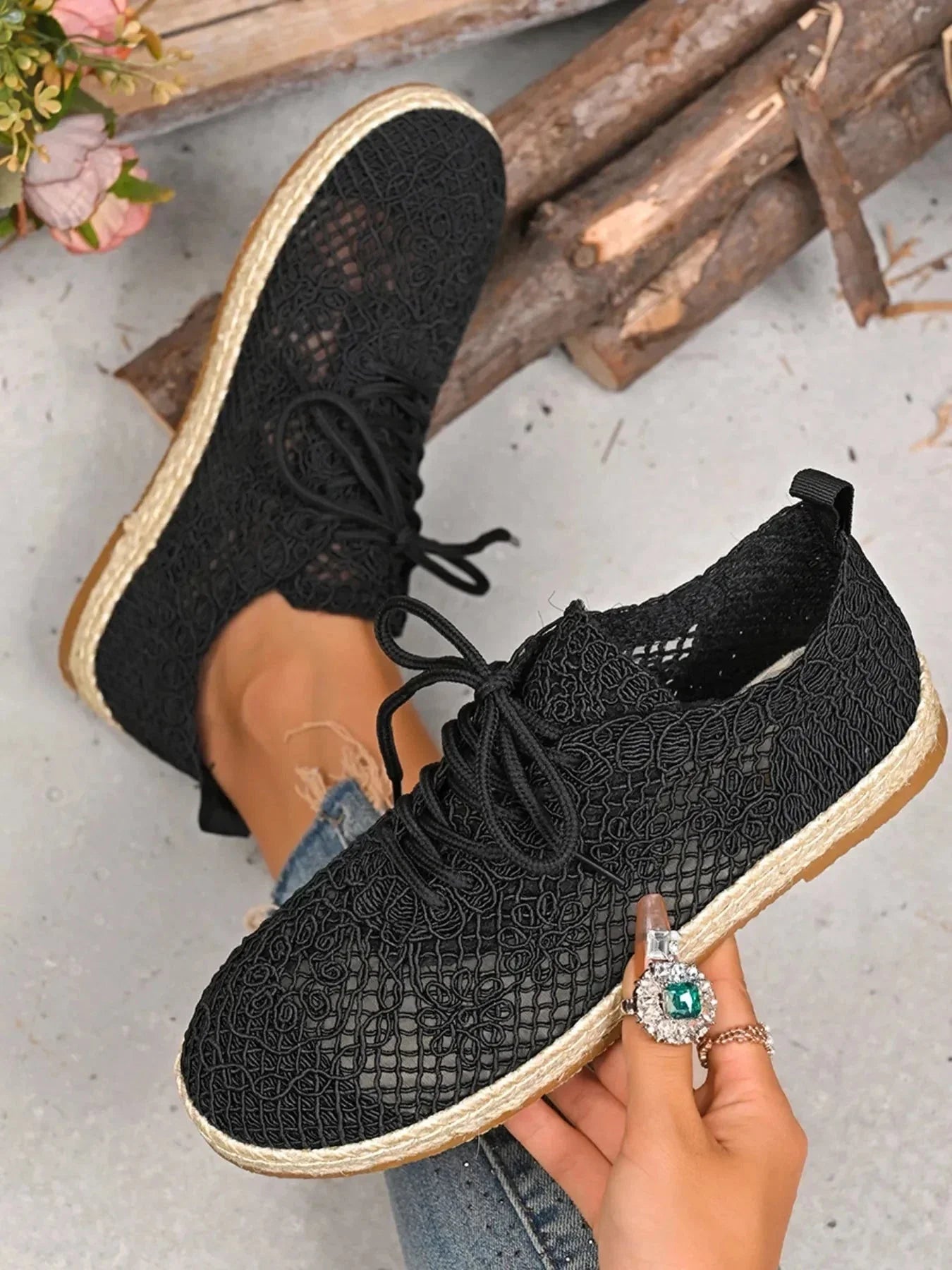 Breathable Woven Lace Up Sneakers - VILLA FASHION
