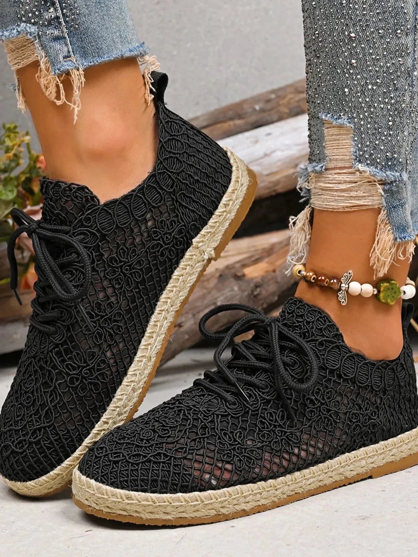 Breathable Woven Lace Up Sneakers - VILLA FASHION
