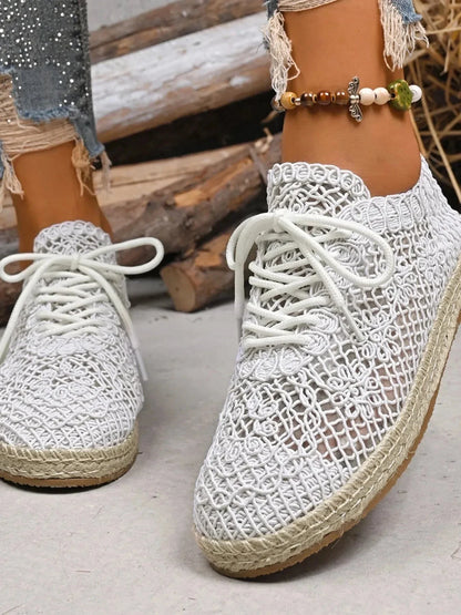 Breathable Woven Lace Up Sneakers - VILLA FASHION
