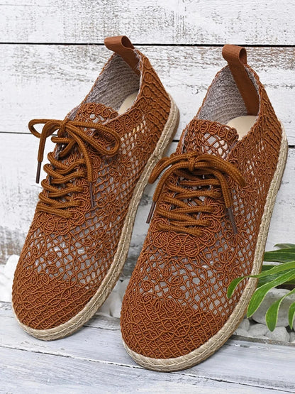Breathable Woven Lace Up Sneakers - VILLA FASHION