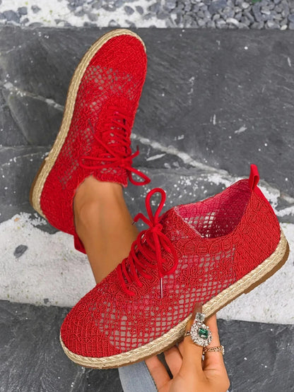 Breathable Woven Lace Up Sneakers - VILLA FASHION