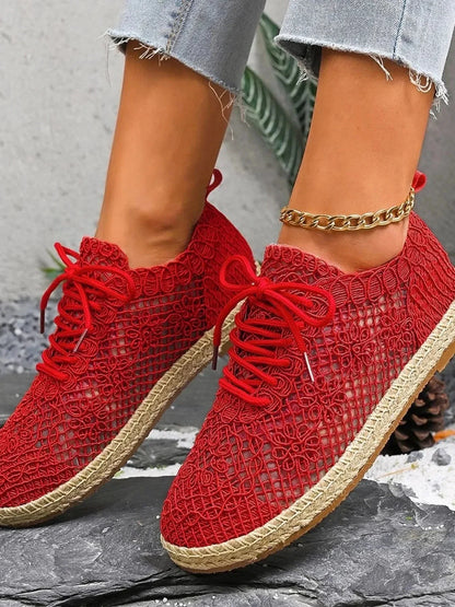 Breathable Woven Lace Up Sneakers - VILLA FASHION
