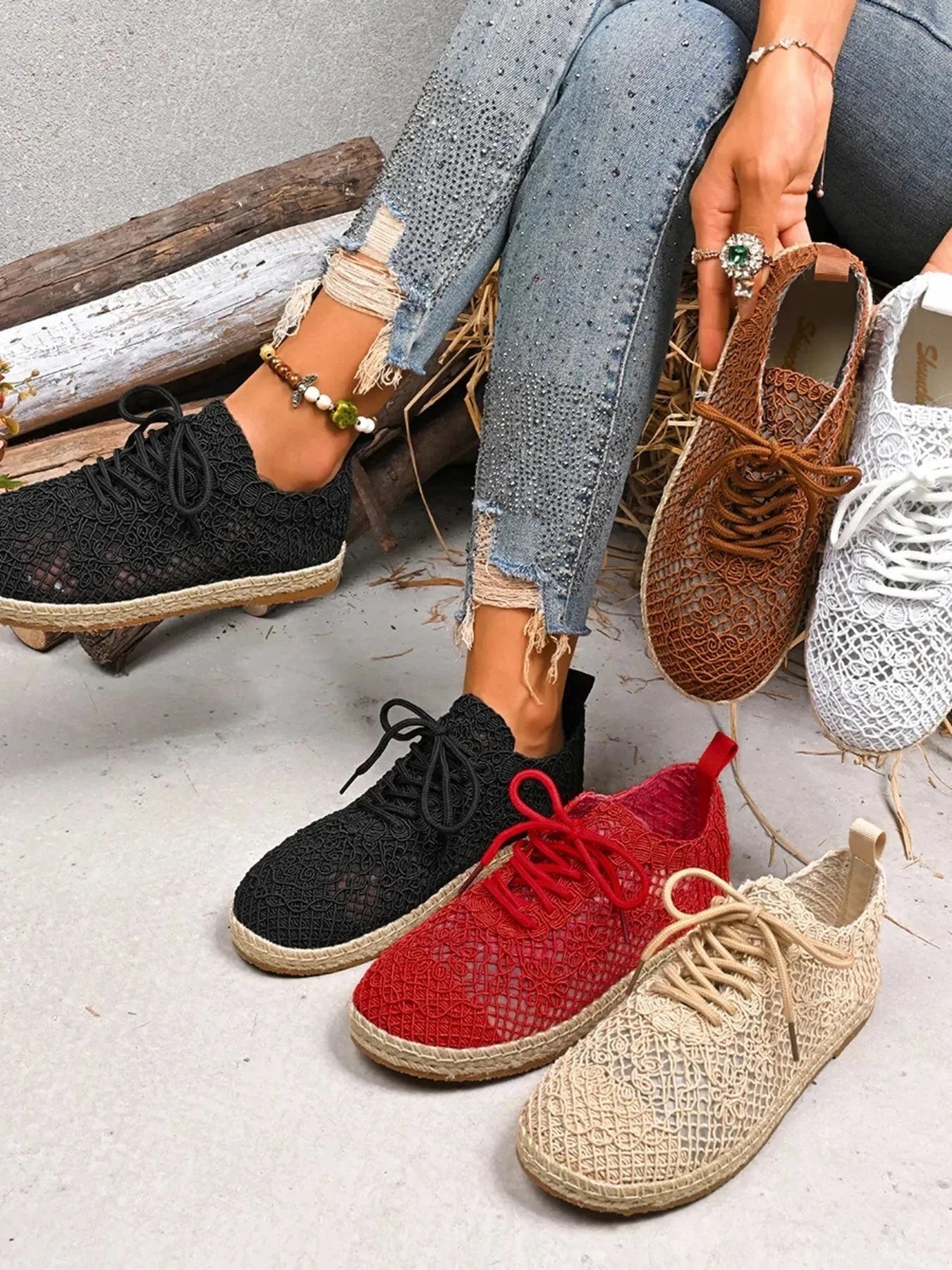 Breathable Woven Lace Up Sneakers - VILLA FASHION