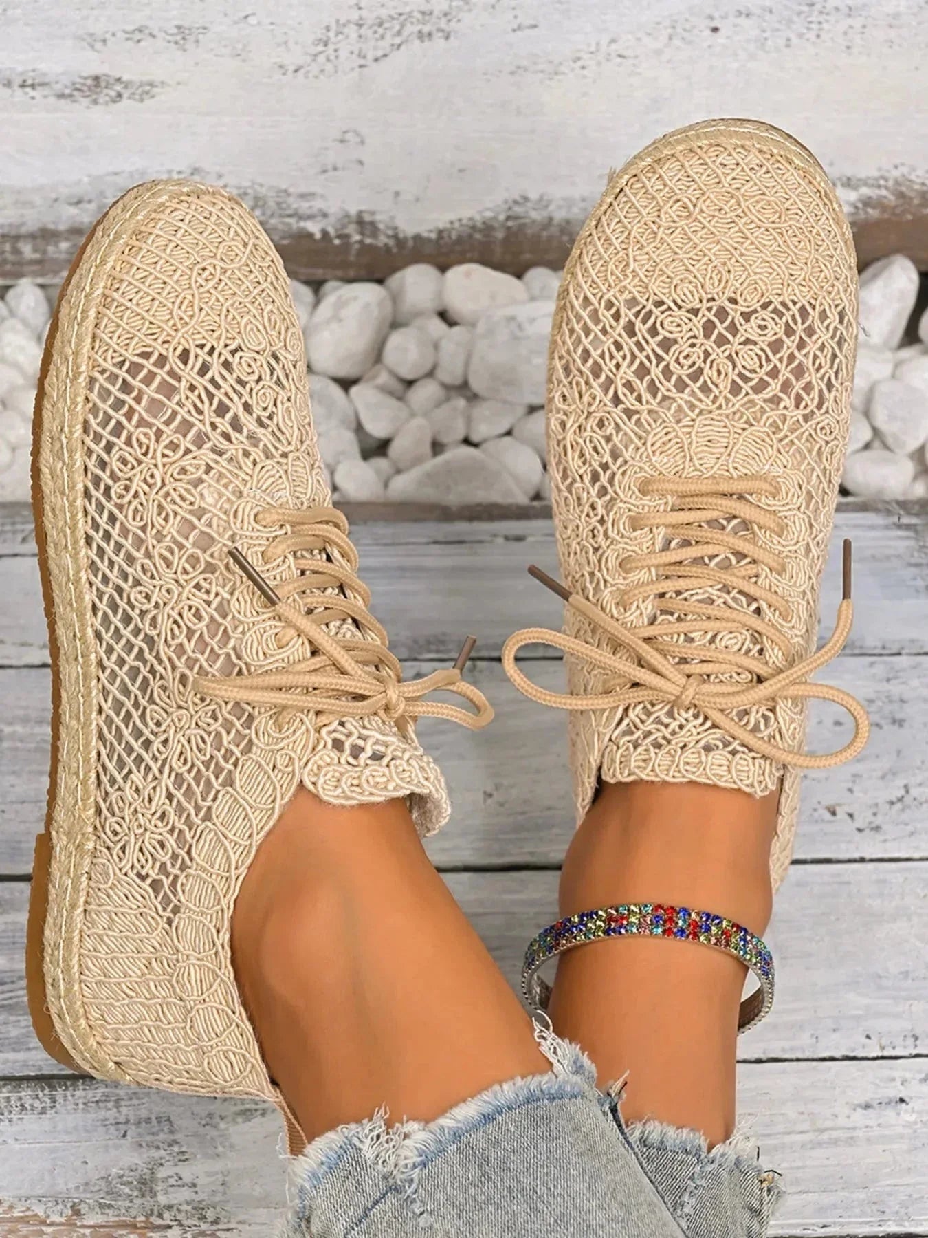 Breathable Woven Lace Up Sneakers - VILLA FASHION