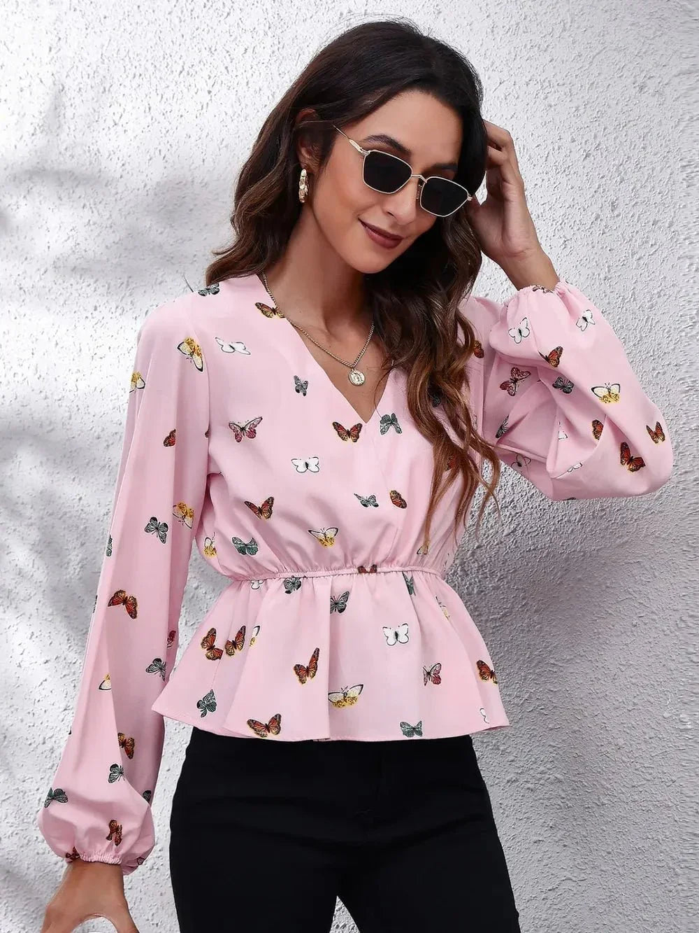 Butterfly V - Neck Balloon Sleeve Peplum Blouse - VILLA FASHION