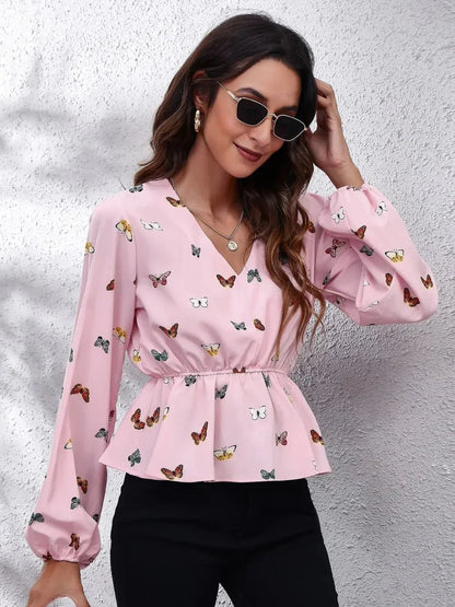 Butterfly V - Neck Balloon Sleeve Peplum Blouse - VILLA FASHION