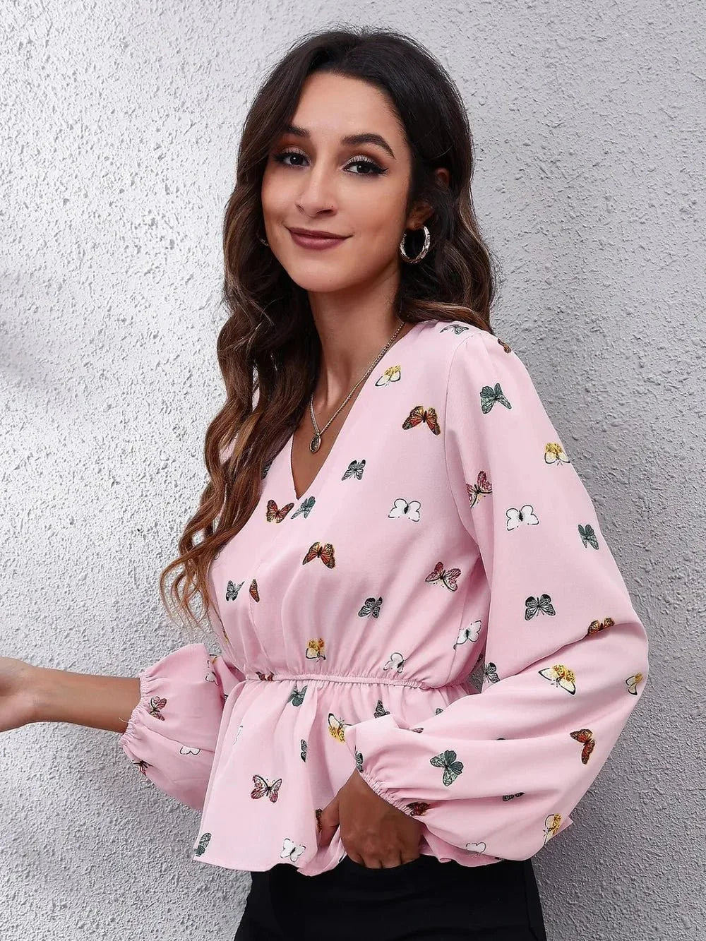 Butterfly V - Neck Balloon Sleeve Peplum Blouse - VILLA FASHION