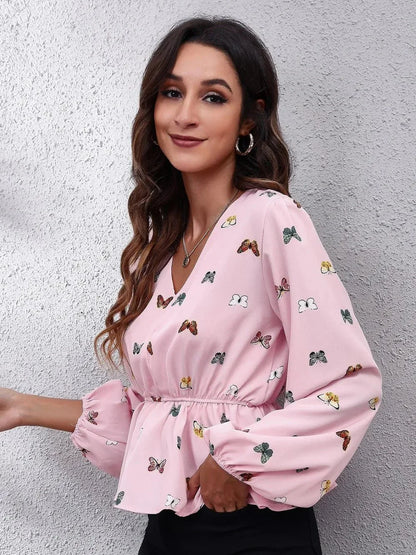 Butterfly V - Neck Balloon Sleeve Peplum Blouse - VILLA FASHION