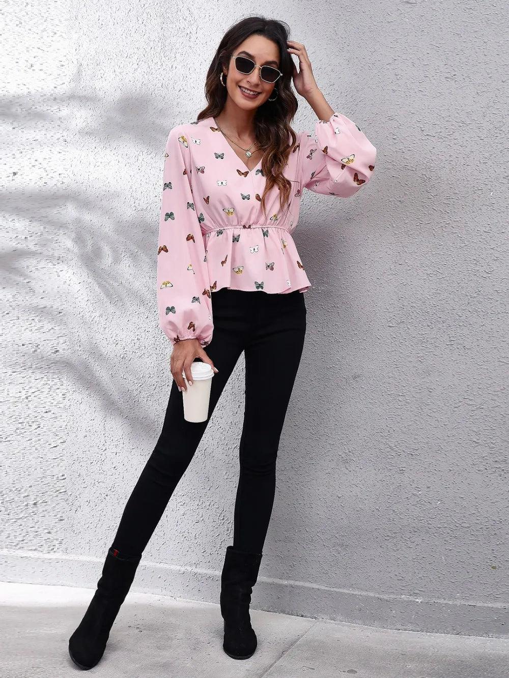 Butterfly V - Neck Balloon Sleeve Peplum Blouse - VILLA FASHION