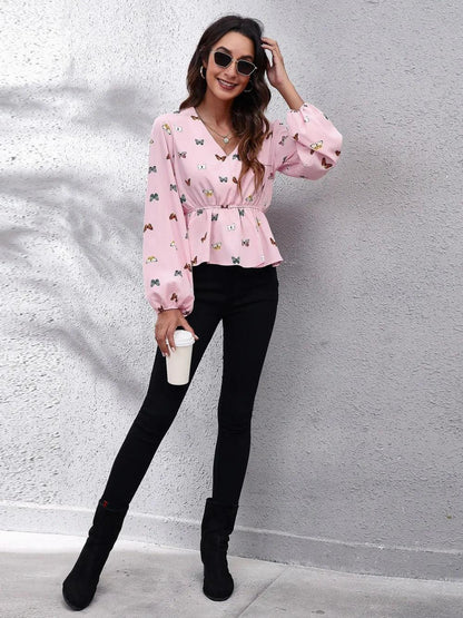 Butterfly V - Neck Balloon Sleeve Peplum Blouse - VILLA FASHION