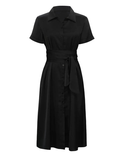 Button Down Belted Midi Shirt Dress - VILLA FASHION