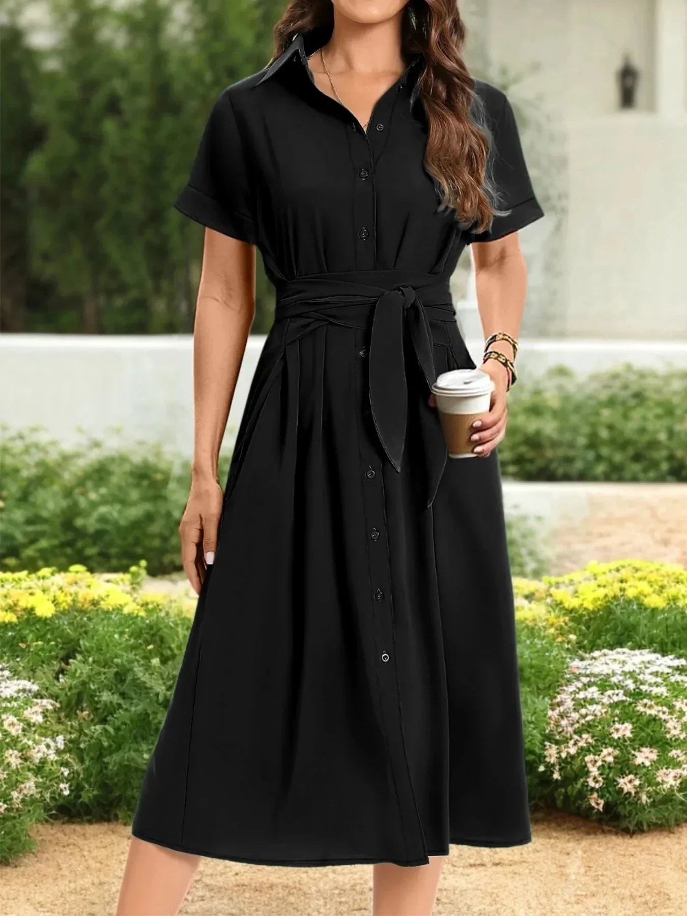 Button Down Belted Midi Shirt Dress - VILLA FASHION