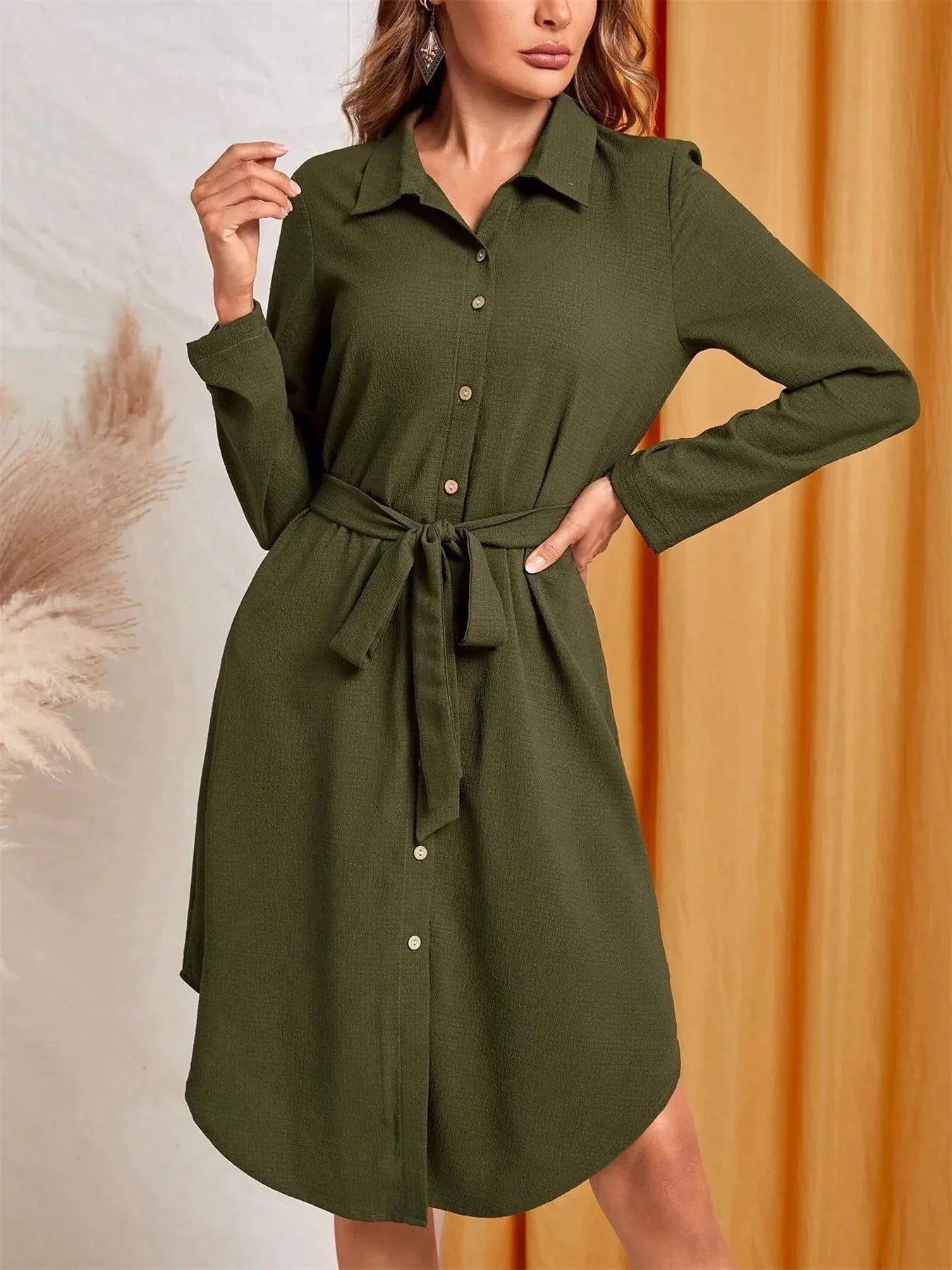 Button - Down Belted Shirt Dress - VILLA FASHION