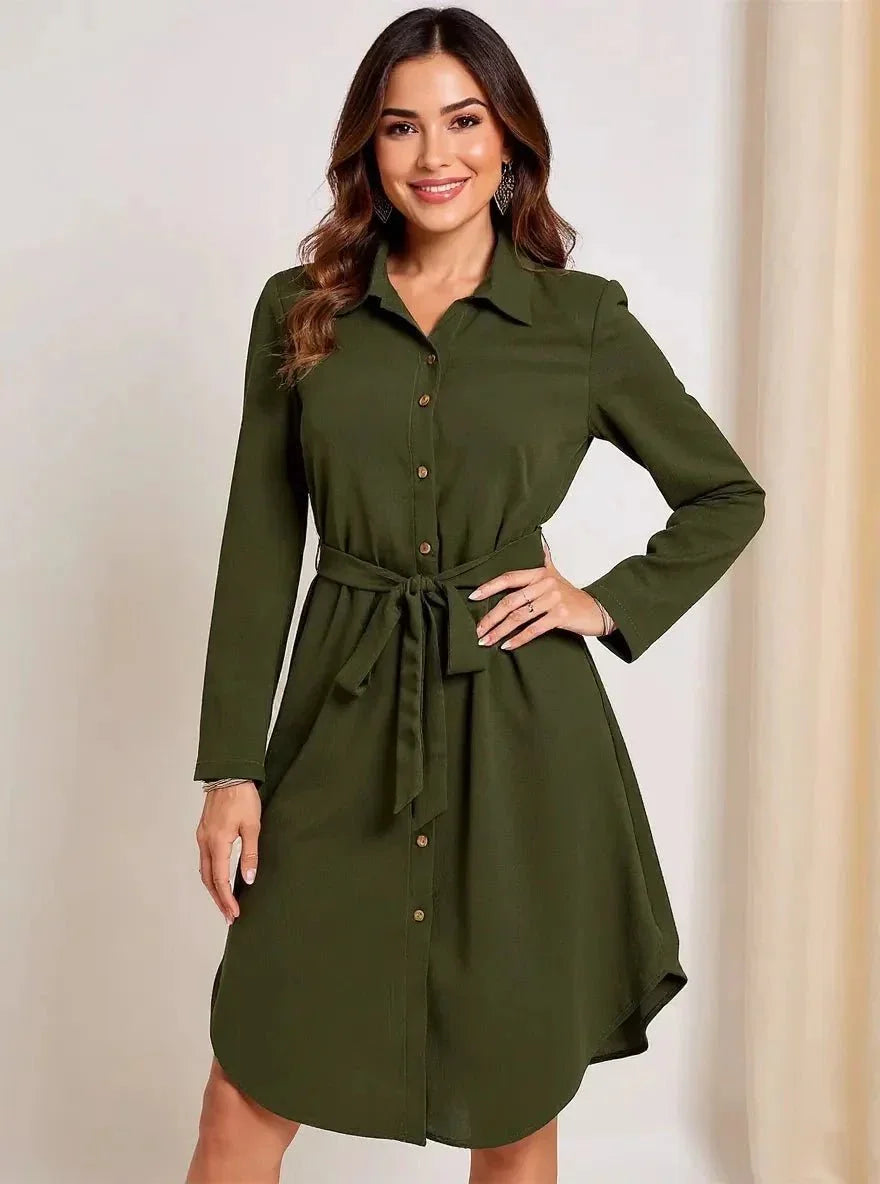 Button - Down Belted Shirt Dress - VILLA FASHION