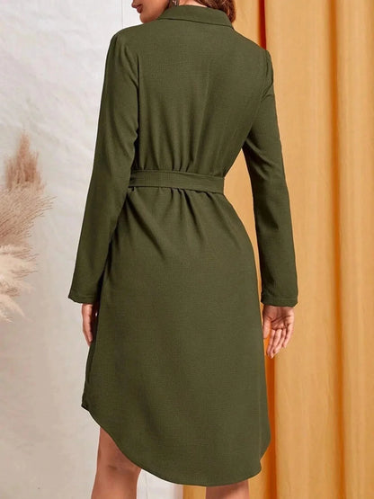 Button - Down Belted Shirt Dress - VILLA FASHION