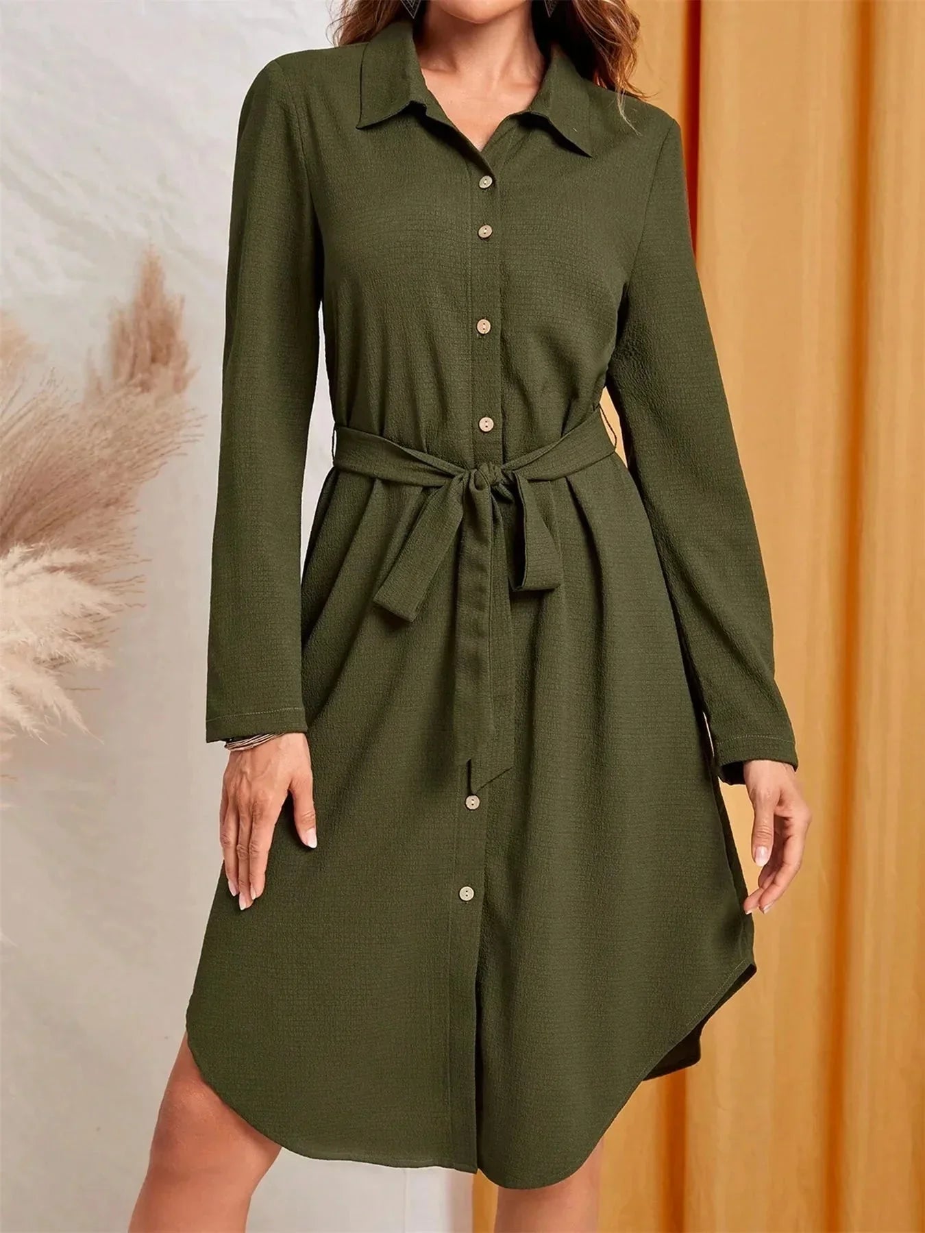 Button - Down Belted Shirt Dress - VILLA FASHION