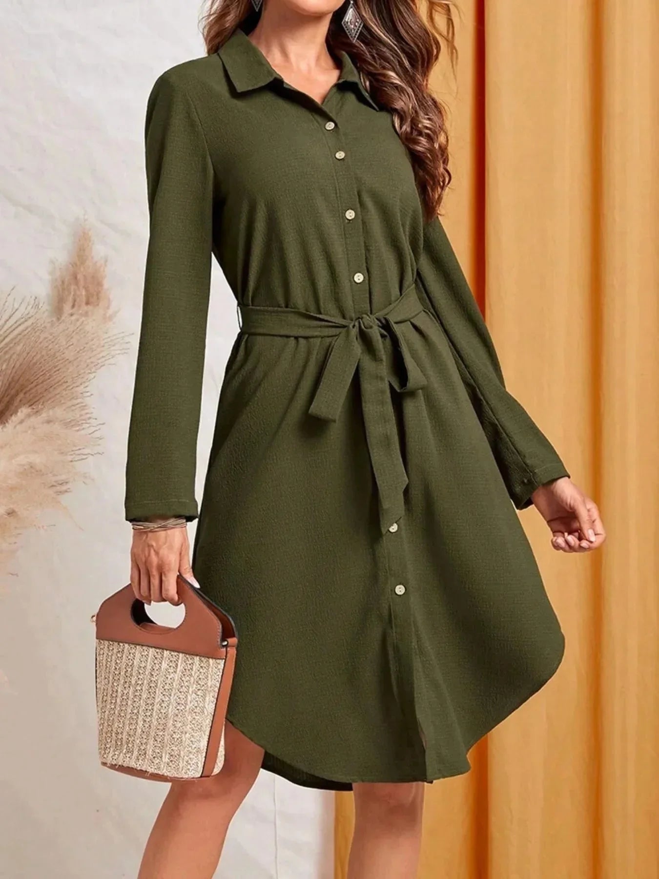 Button - Down Belted Shirt Dress - VILLA FASHION