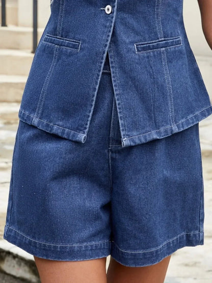 Button Down Vest and Shorts Denim Set - VILLA FASHION