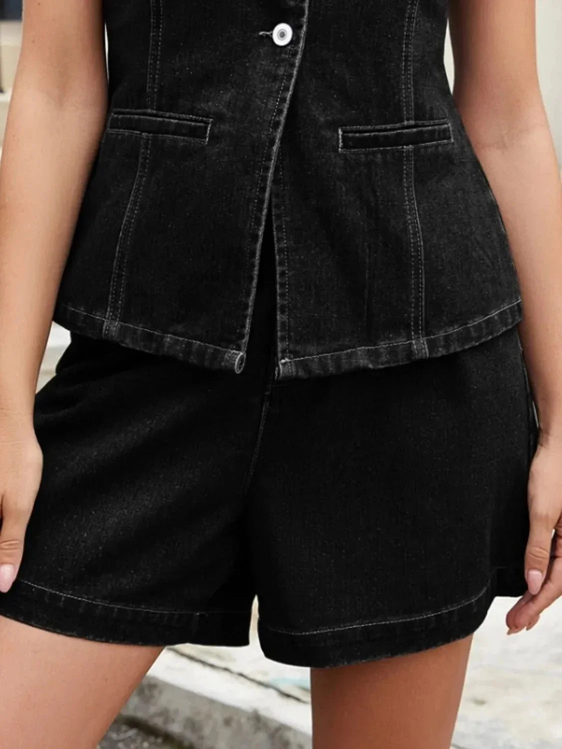 Button Down Vest and Shorts Denim Set - VILLA FASHION