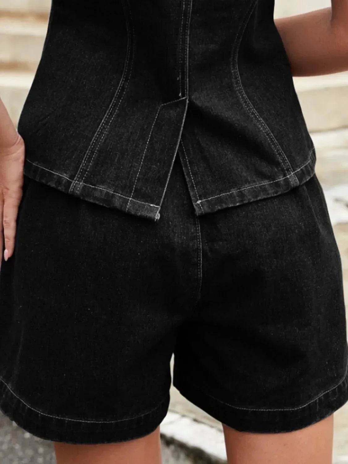 Button Down Vest and Shorts Denim Set - VILLA FASHION